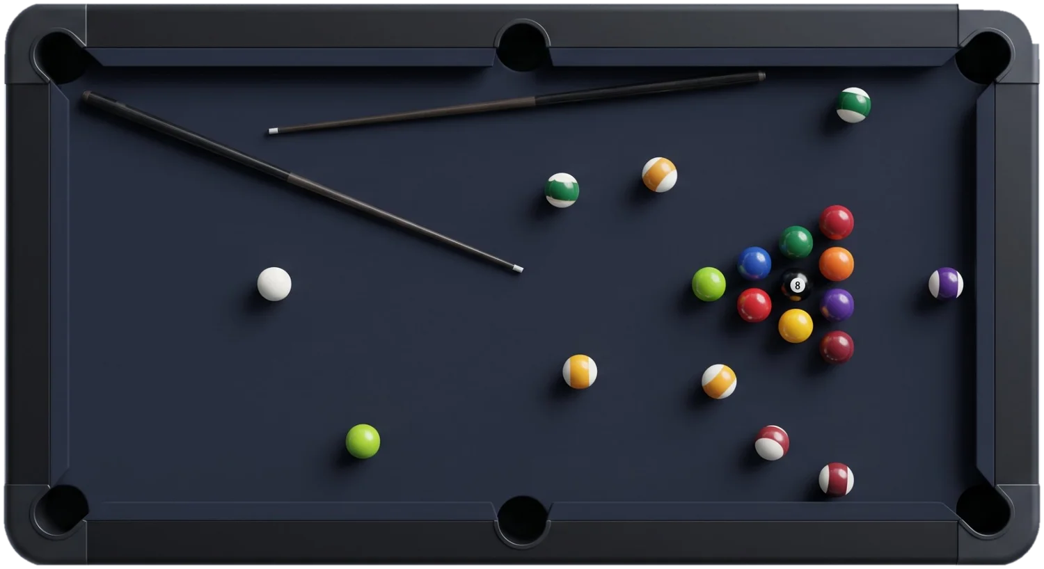 A pool table seen from above with a full rack of balls and two cues